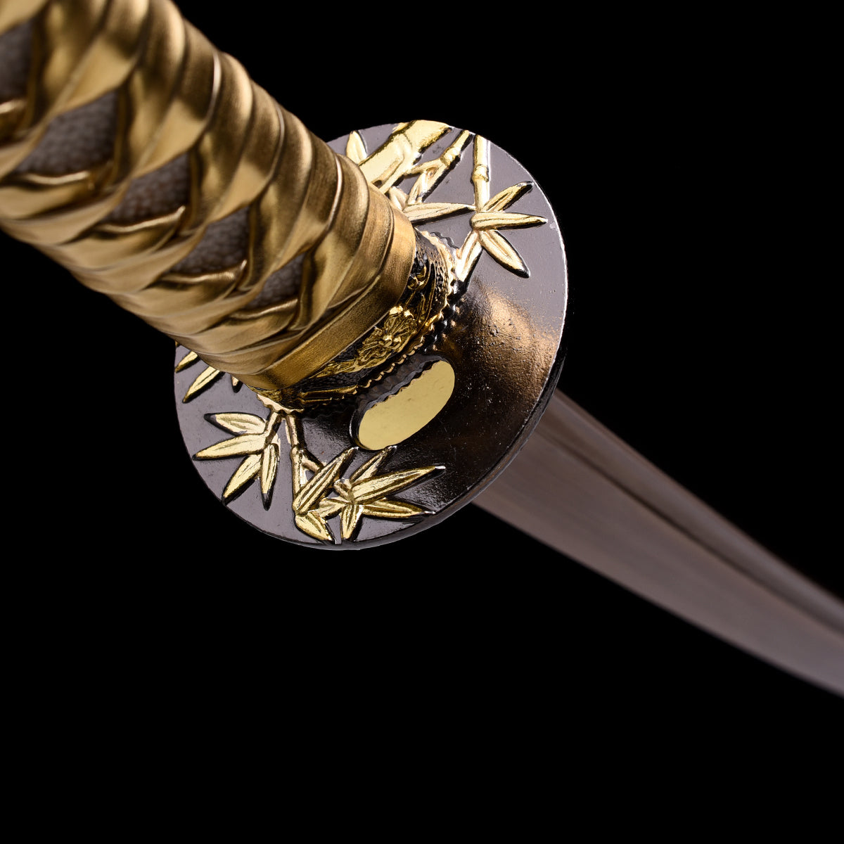 High-Carbon steel Hand-Forged Golden Katana with Bamboo Leaf Tsuba