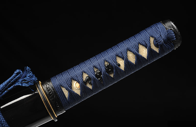 Compact Folded Steel Katana with Genuine Hamon & Blue Handle