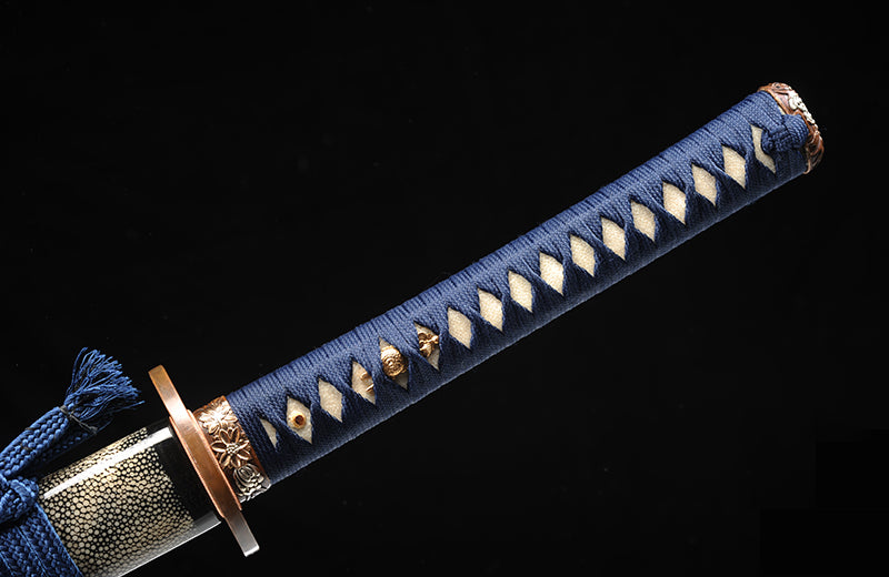 Clay-Tempered Steel Katana: Blue Handle & Black Scabbard