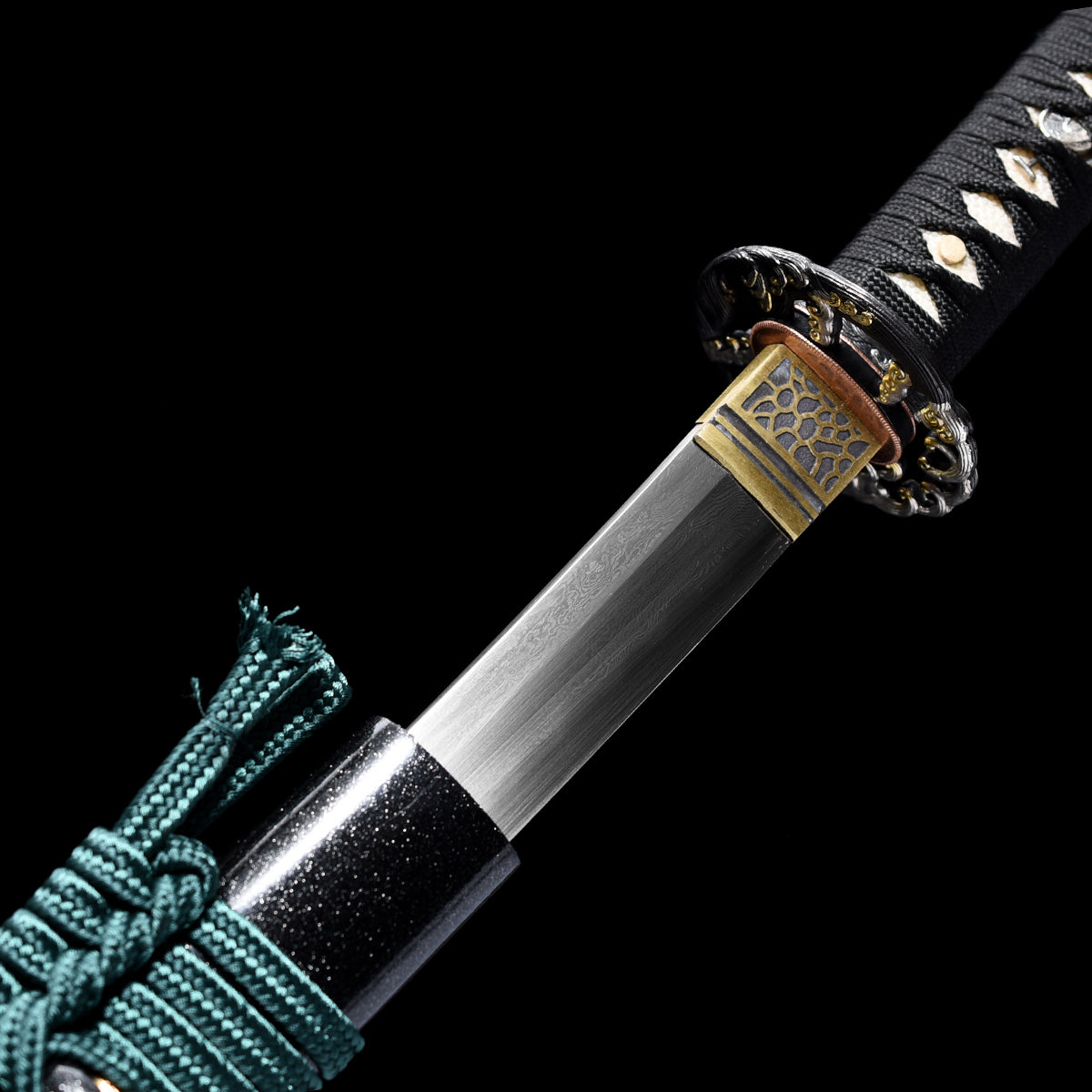 Clay-Tempered Damascus Katana with Hand-Forged Waves Tsuba