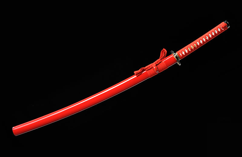 High-Carbon Steel Red Katana with Full Tang & Red Scabbard