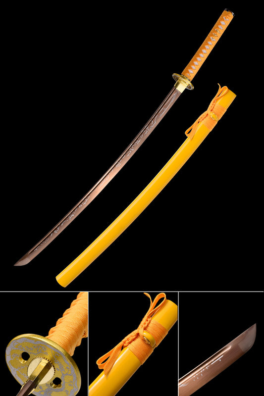 Hand-Forged Yellow Katana with Golden Engraved Iron Tsuba