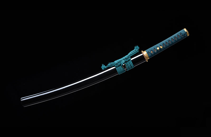 Hand Forged Wakizashi 1095 Steel Clay-Tempered Blue Handle