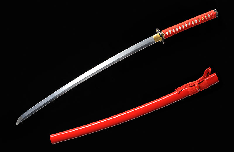 High-Carbon Steel Red Katana with Full Tang & Red Scabbard