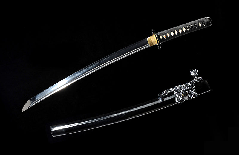 Hand Forged Wakizashi,Katana Clay Tempered With Black Scabbard