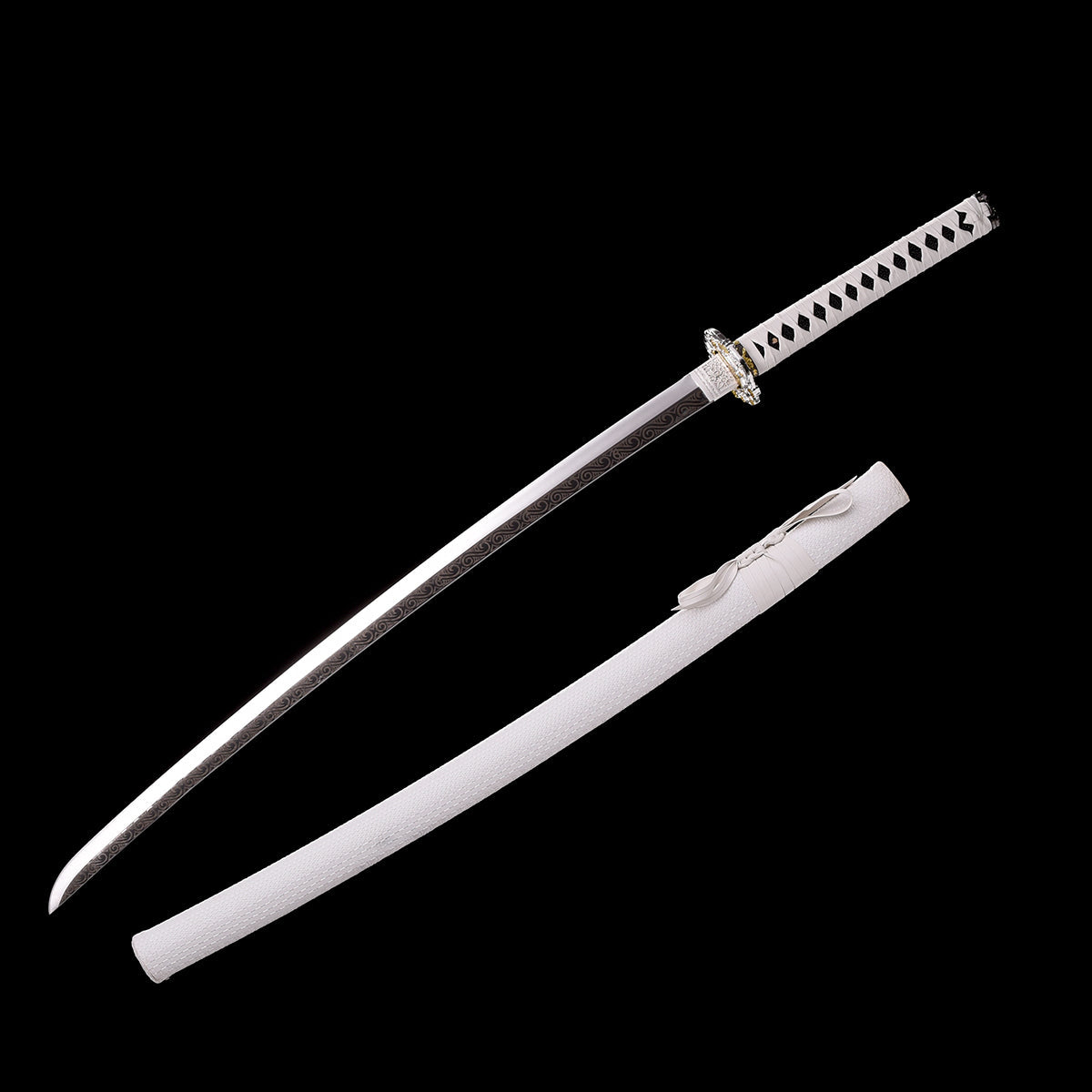 Hand Forged White Katana,Manganese Steel Engraving White Scabbard