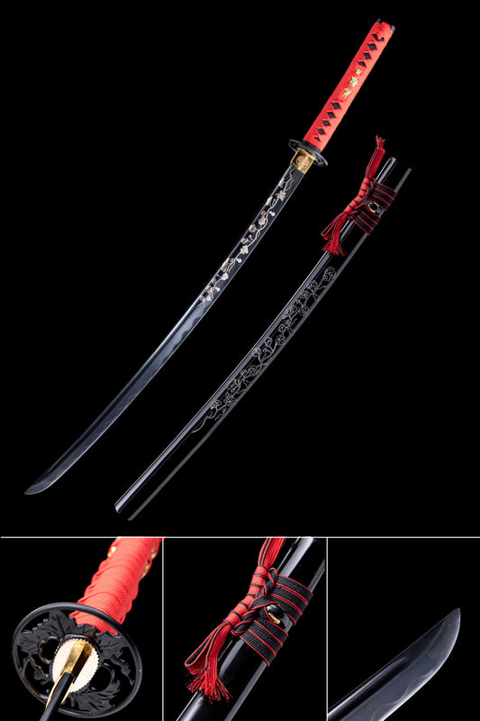 Hand Forged Katana,Real Katana Engraving Design Black Blade