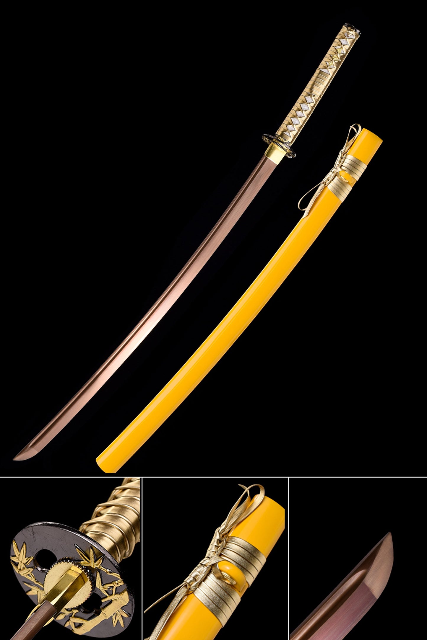 High-Carbon steel Hand-Forged Golden Katana with Bamboo Leaf Tsuba