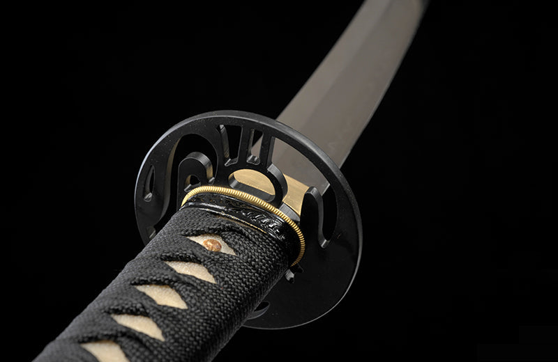 Hand Forged Wakizashi Clay-Tempered With Black Scabbard Iron Tsuba