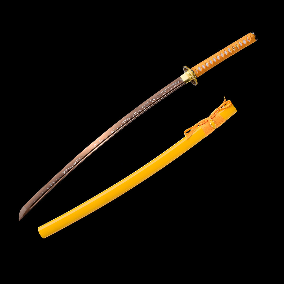 Hand-Forged Yellow Katana with Golden Engraved Iron Tsuba