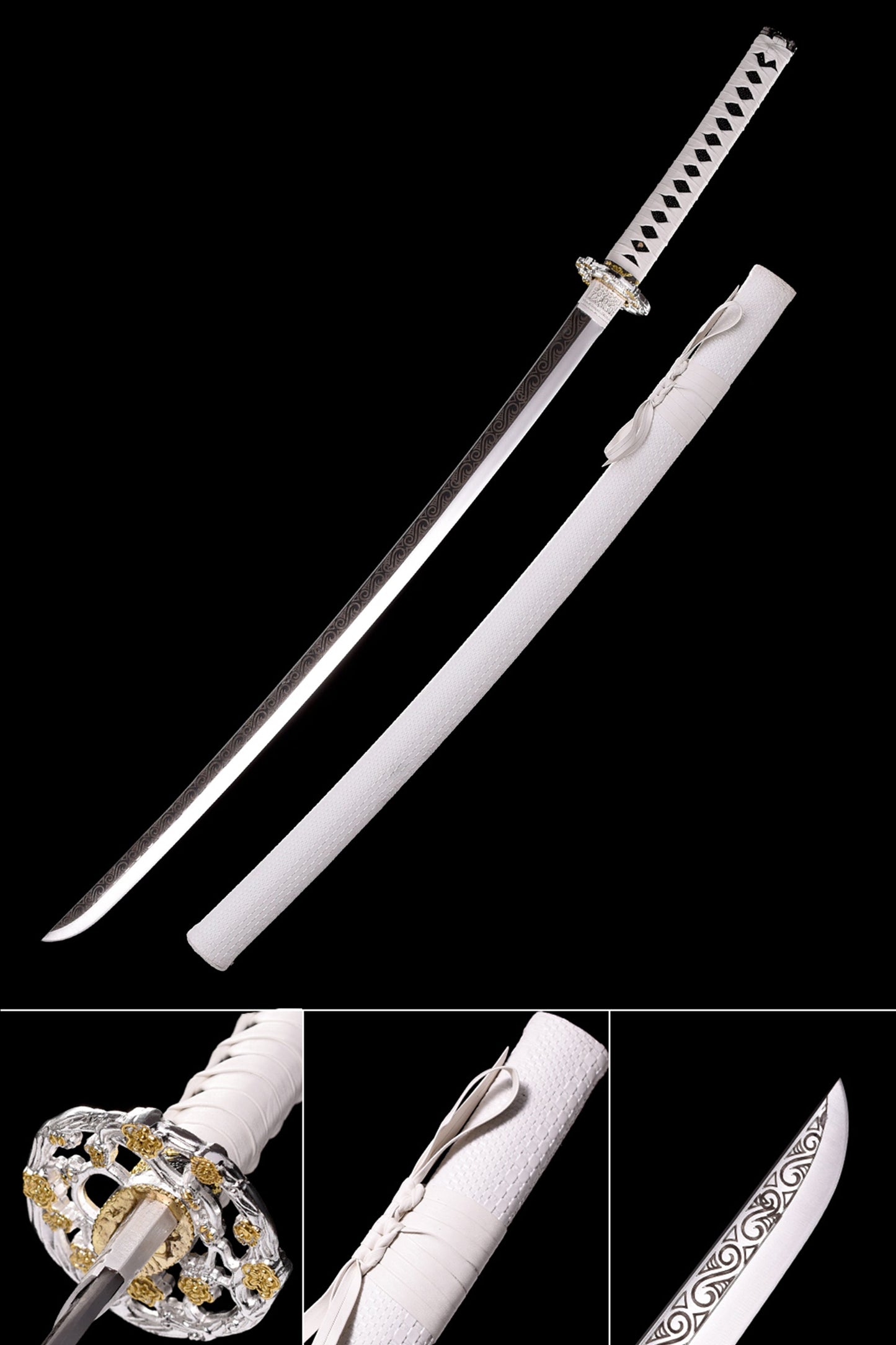 Hand Forged White Katana,Manganese Steel Engraving White Scabbard