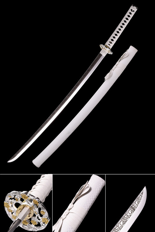 Hand Forged White Katana,Manganese Steel Engraving White Scabbard