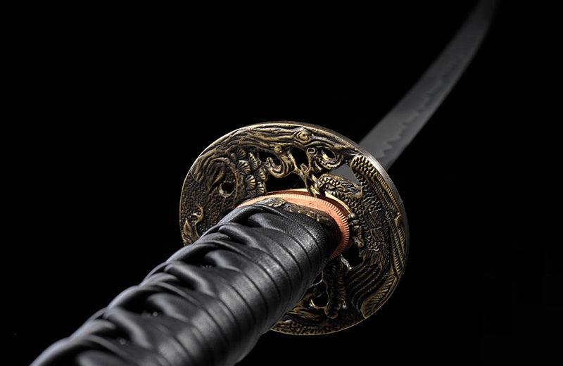 Hand Forged Carbon Steel Katana- Clay-Tempered Tsume Leather Swrap