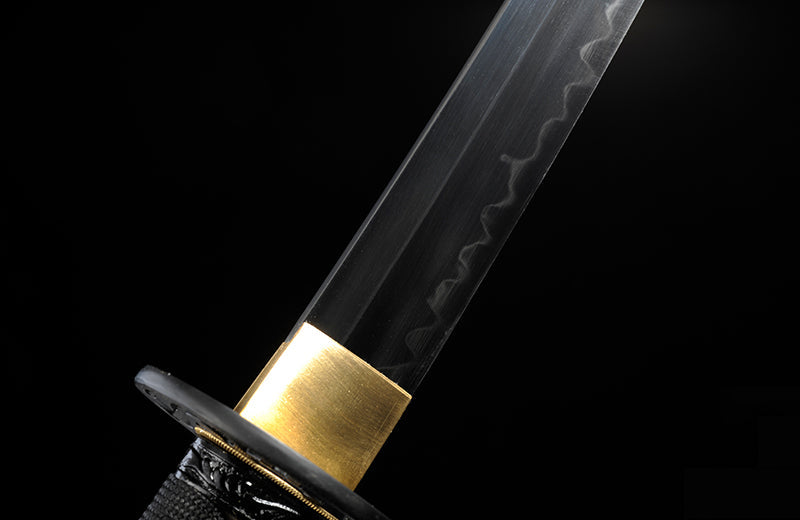 Hand Forged Wakizashi Clay-Tempered With Black Scabbard Iron Tsuba