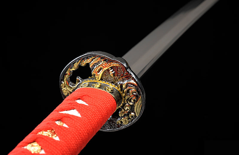 High-Carbon Steel Red Katana with Full Tang & Red Scabbard