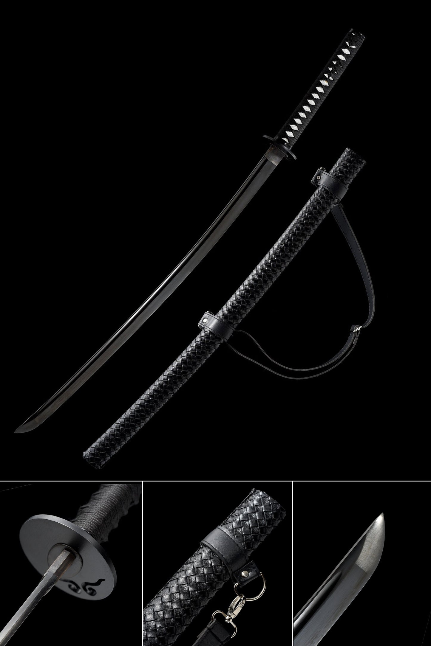 Hand-Forged Black Katana with Leather-Strap Scabbard