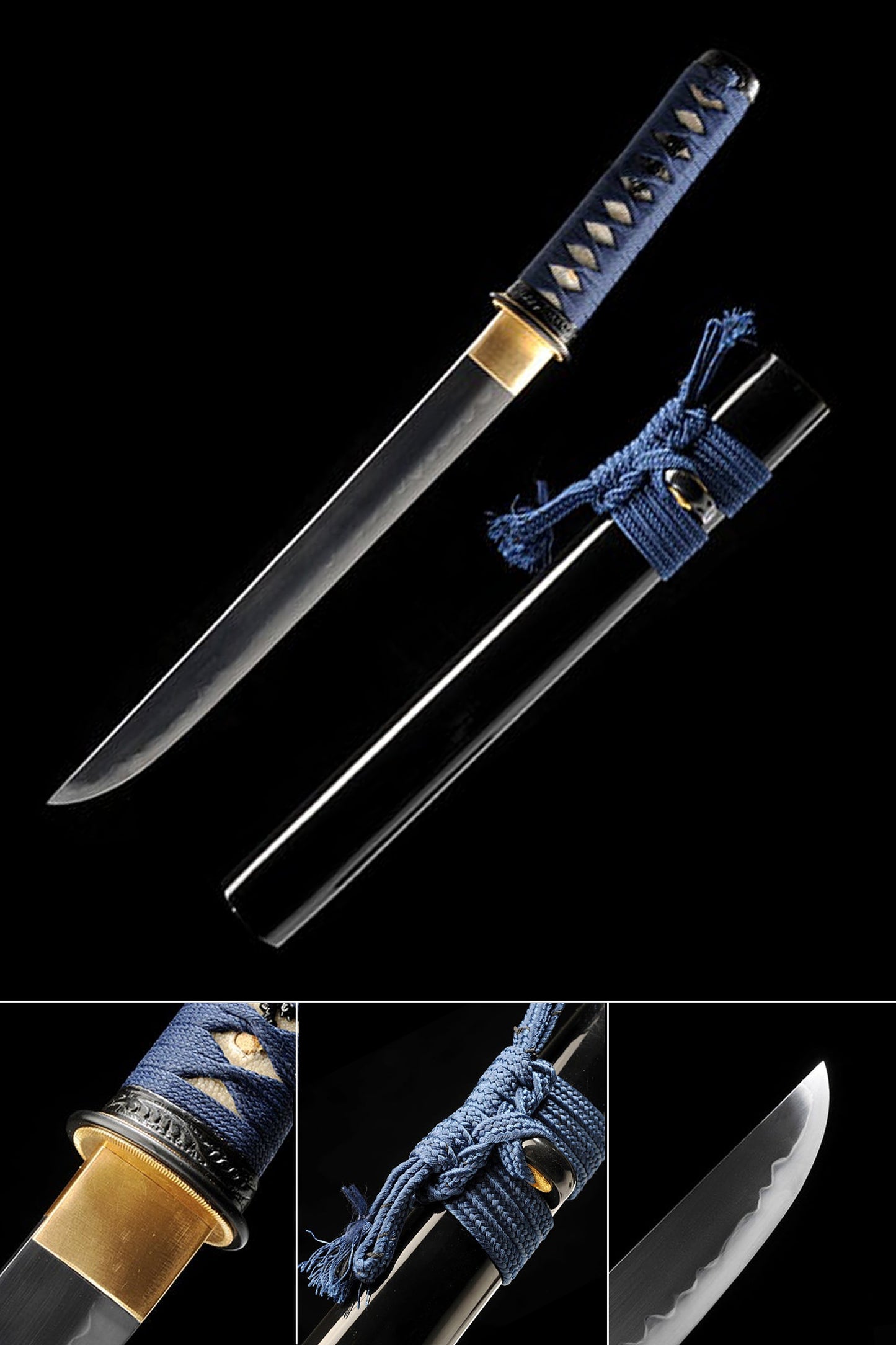 Compact Folded Steel Katana with Genuine Hamon & Blue Handle