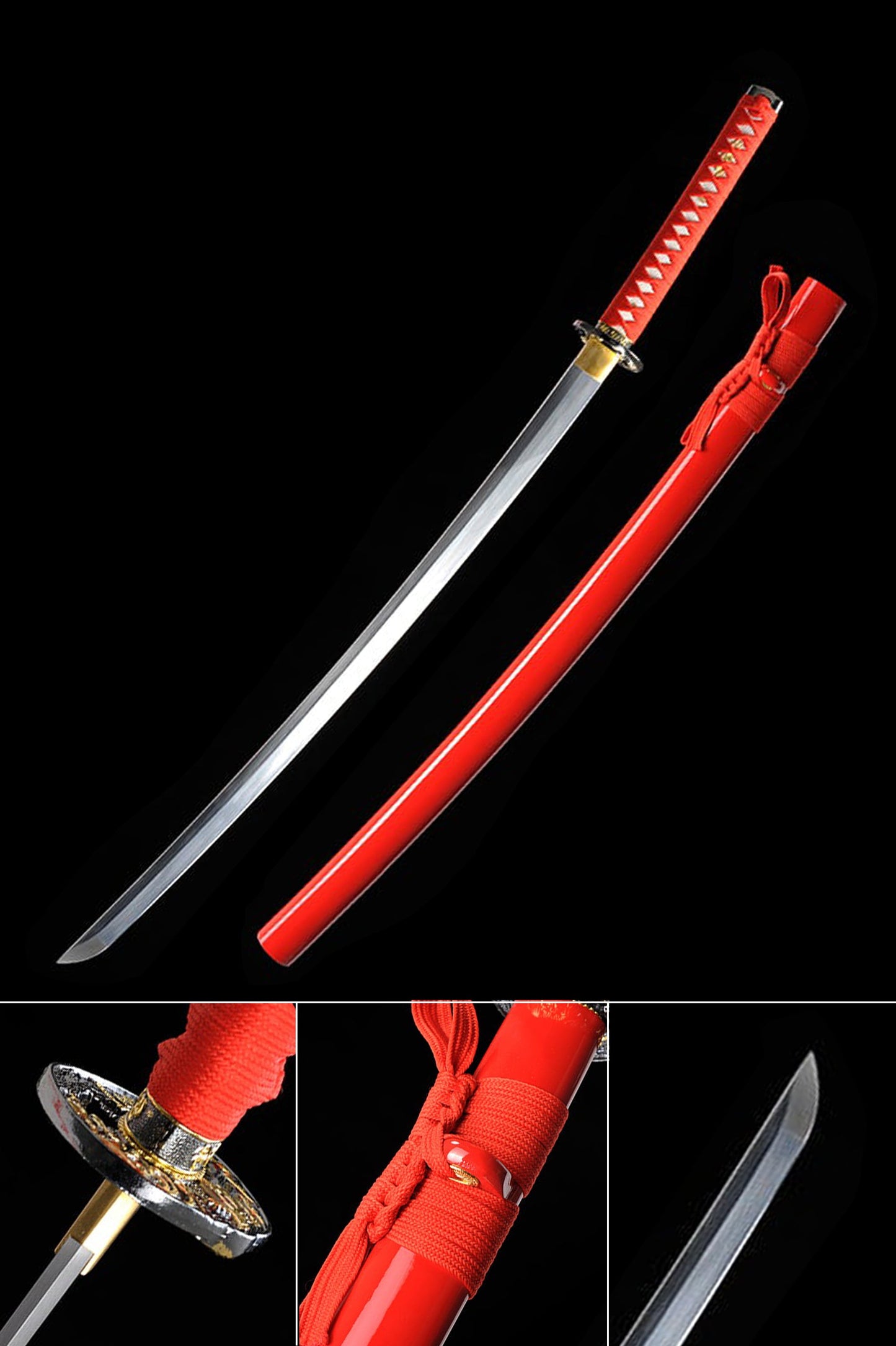 High-Carbon Steel Red Katana with Full Tang & Red Scabbard