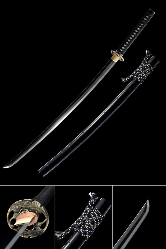 Hand-Forged Folded Damask Katana with Polished Black Scabbard