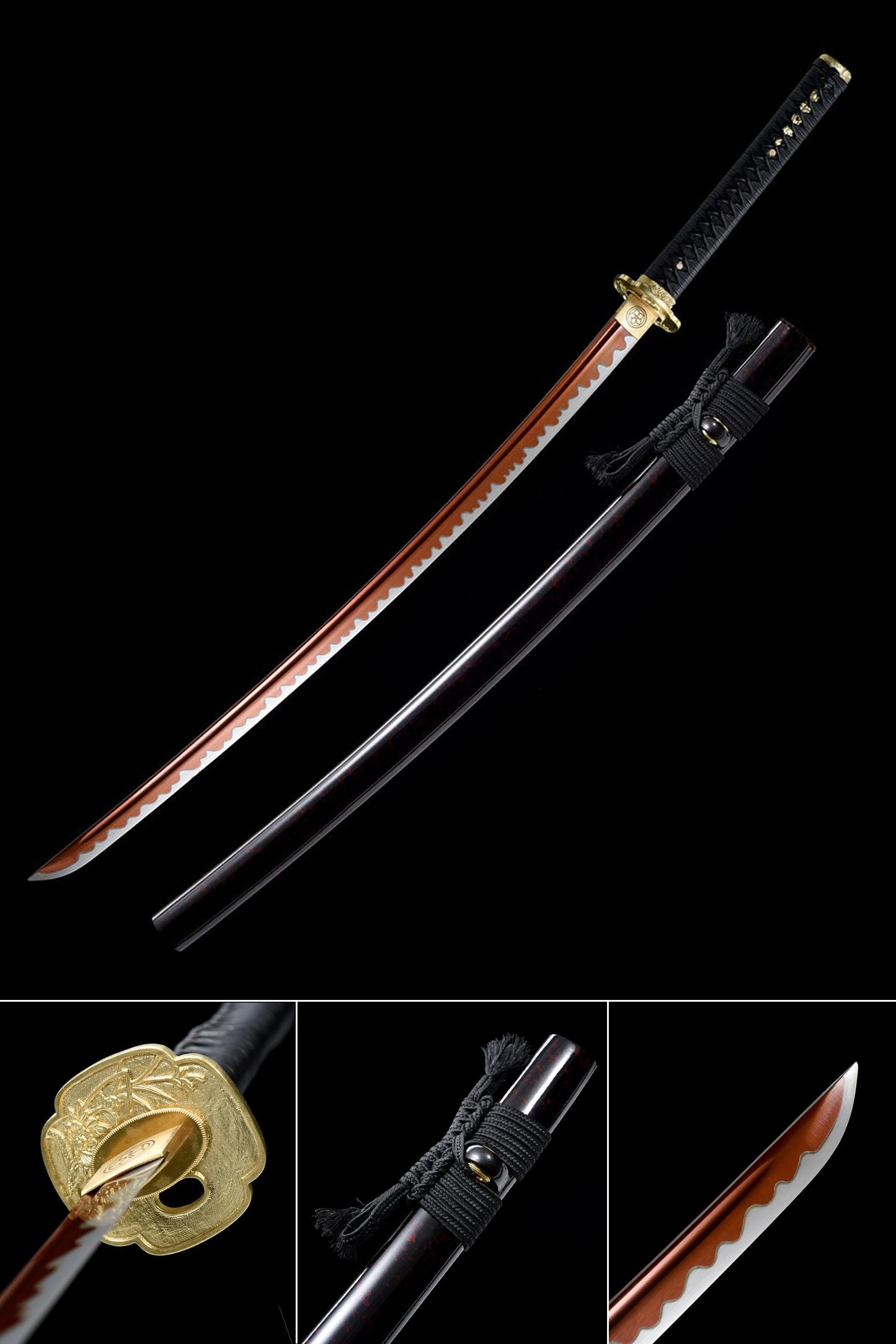 Hand-Forged Classic Red Katana with Leather Ito & Brass Tsuba