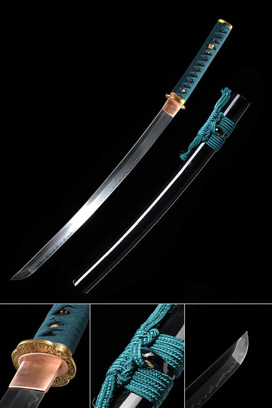 Hand Forged Wakizashi 1095 Steel Clay-Tempered Blue Handle