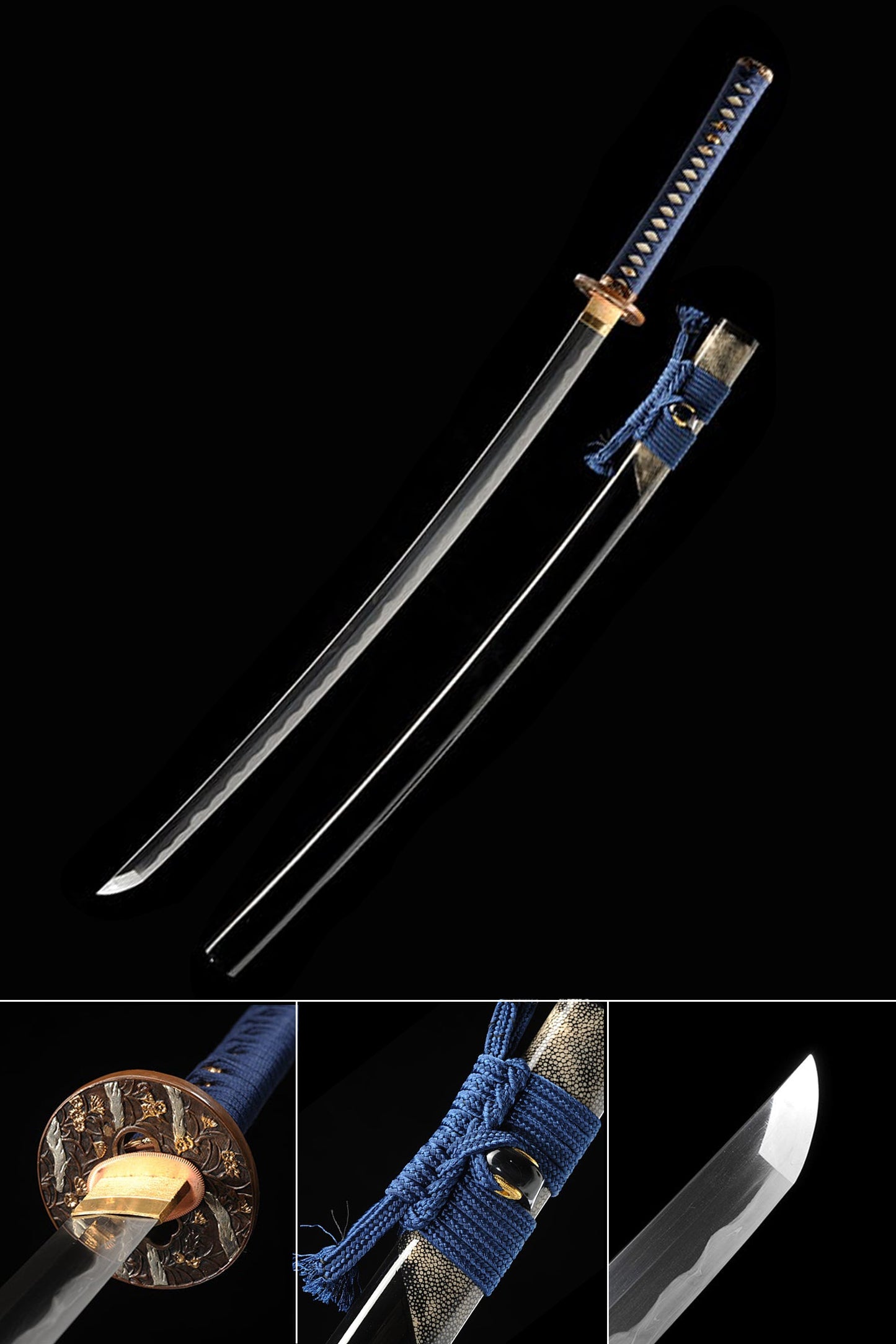 Clay-Tempered Steel Katana: Blue Handle & Black Scabbard