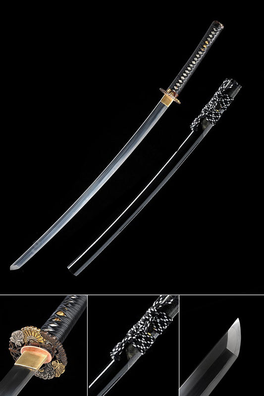 Classic Katana, Real Hand Forged Katana Leather Handle Black Scabbard