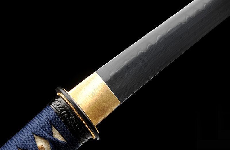 Compact Folded Steel Katana with Genuine Hamon & Blue Handle