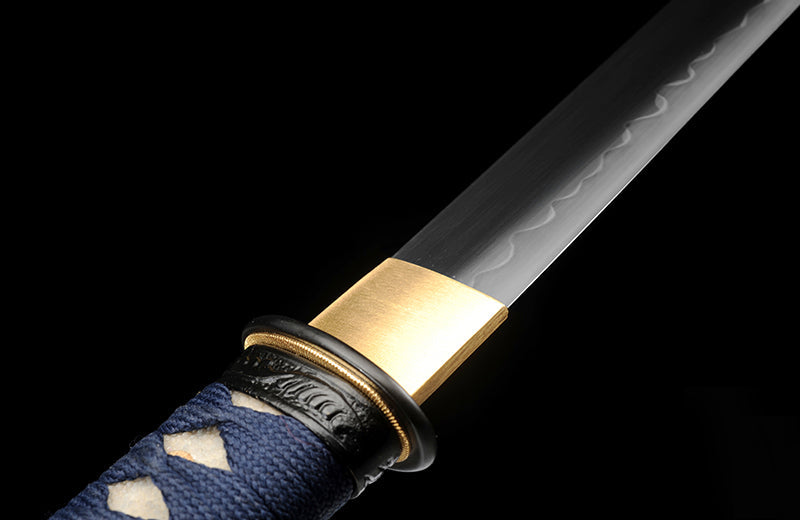 Compact Folded Steel Katana with Genuine Hamon & Blue Handle