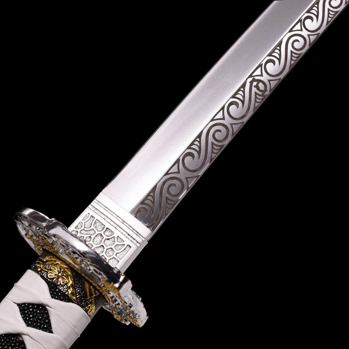 Hand Forged White Katana,Manganese Steel Engraving White Scabbard