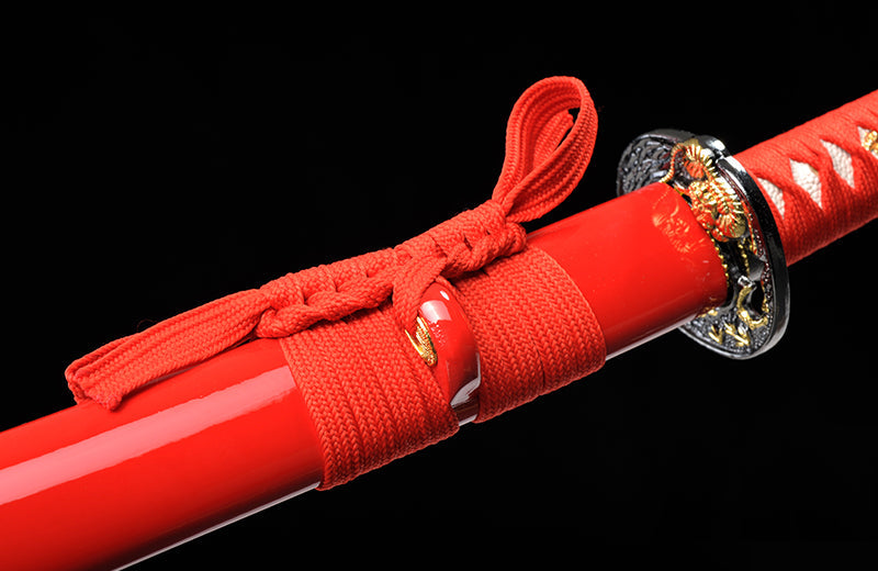 High-Carbon Steel Red Katana with Full Tang & Red Scabbard