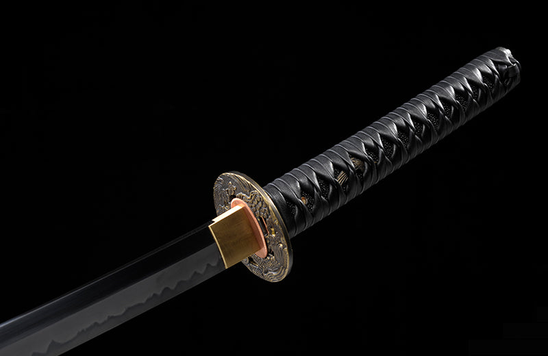 Hand Forged Carbon Steel Katana- Clay-Tempered Tsume Leather Swrap