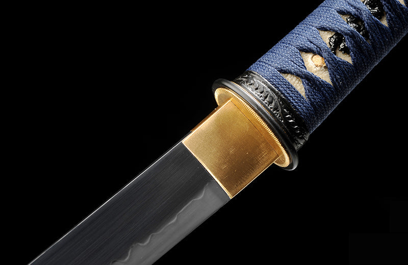 Compact Folded Steel Katana with Genuine Hamon & Blue Handle