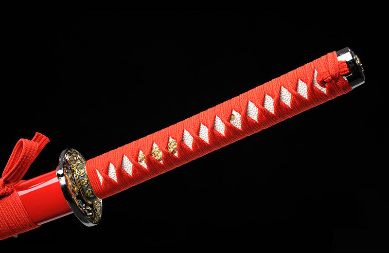 High-Carbon Steel Red Katana with Full Tang & Red Scabbard