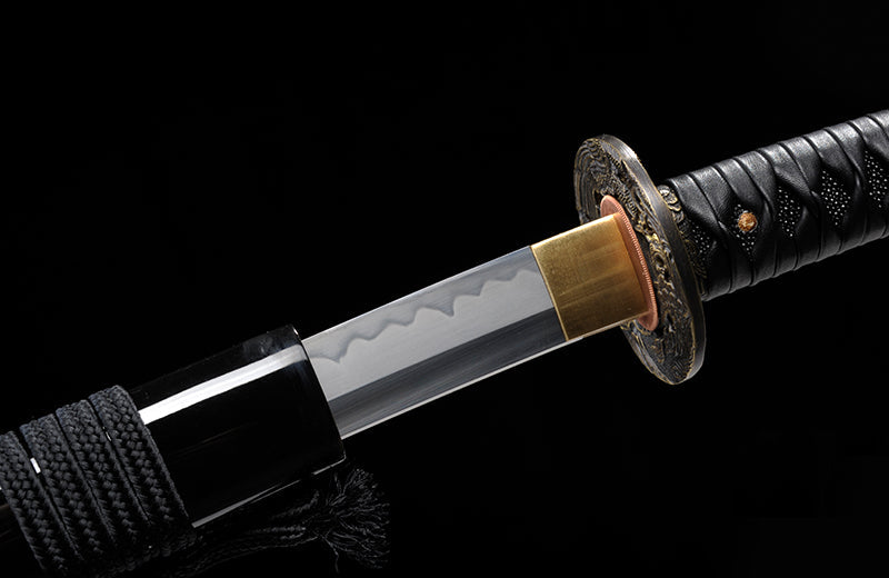 Hand Forged Carbon Steel Katana- Clay-Tempered Tsume Leather Swrap