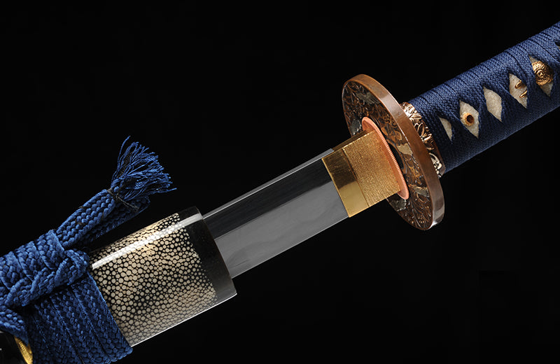 Clay-Tempered Steel Katana: Blue Handle & Black Scabbard