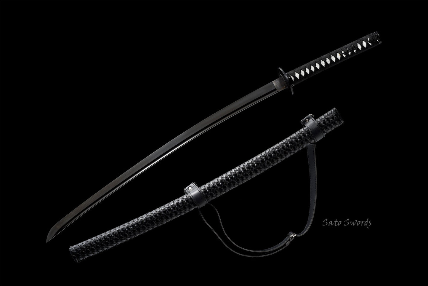 Hand-Forged Black Katana with Leather-Strap Scabbard